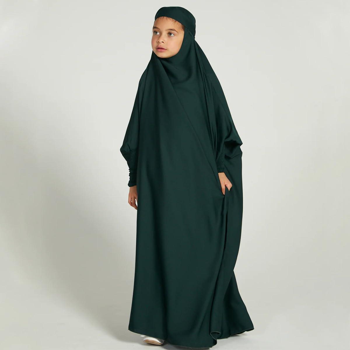 imageIDOPIP Muslim Dress for Girls One Piece Long Sleeve Islamic Prayer Dress with Hijab Casual Maxi Kaftan Abaya Gown ClothesGreen