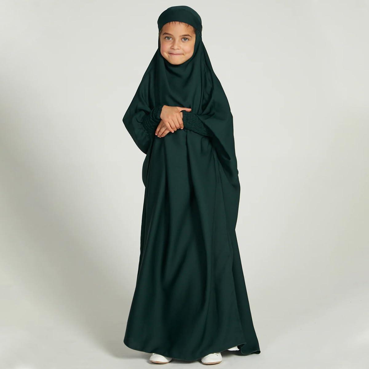 imageIDOPIP Muslim Dress for Girls One Piece Long Sleeve Islamic Prayer Dress with Hijab Casual Maxi Kaftan Abaya Gown ClothesGreen