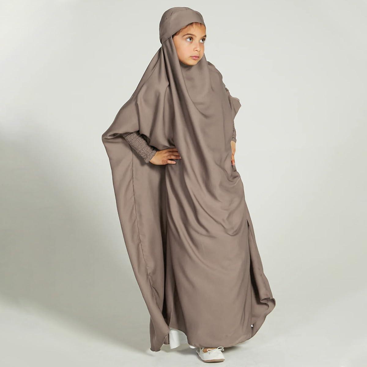 imageIDOPIP Muslim Dress for Girls One Piece Long Sleeve Islamic Prayer Dress with Hijab Casual Maxi Kaftan Abaya Gown ClothesLight Coffee