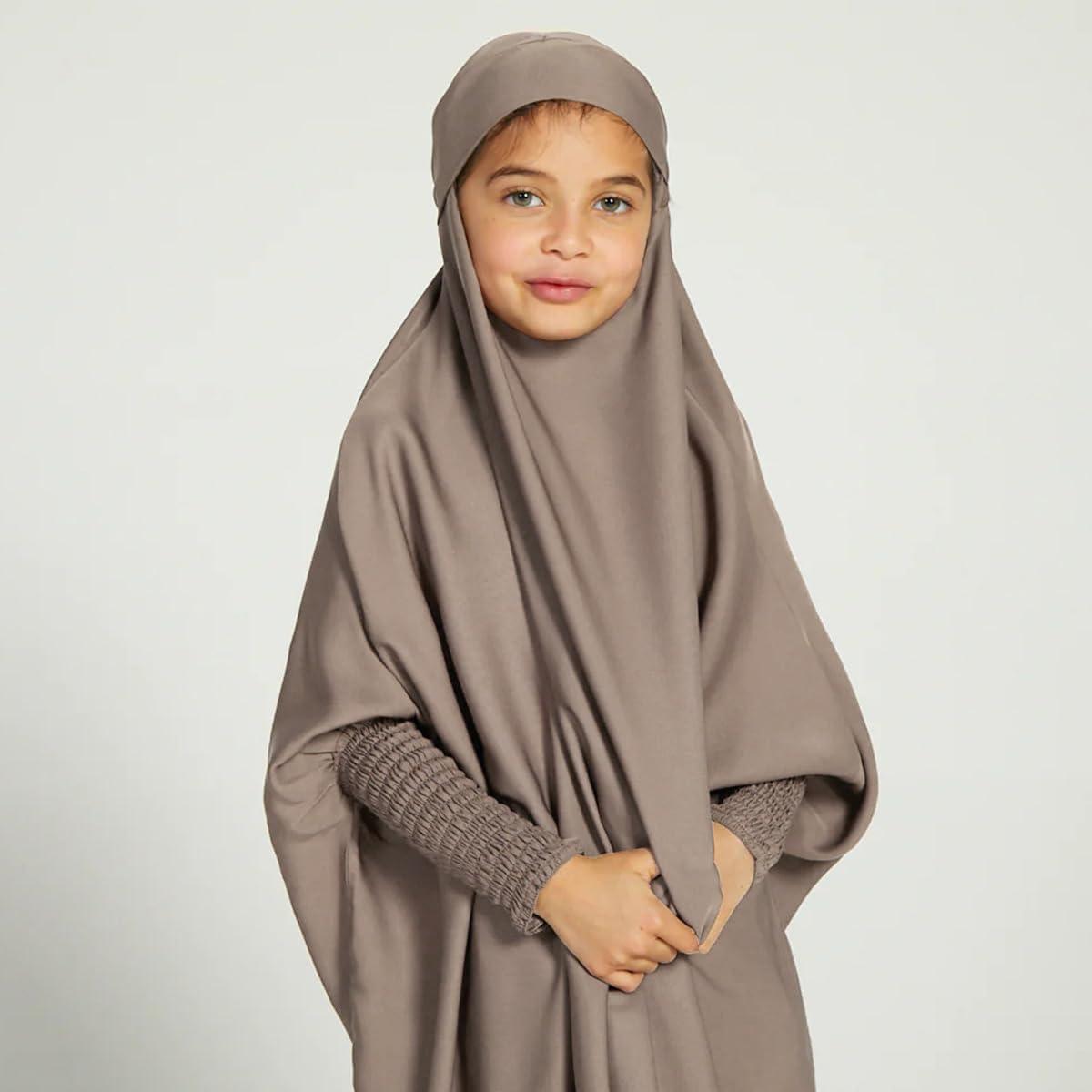 imageIDOPIP Muslim Dress for Girls One Piece Long Sleeve Islamic Prayer Dress with Hijab Casual Maxi Kaftan Abaya Gown ClothesLight Coffee