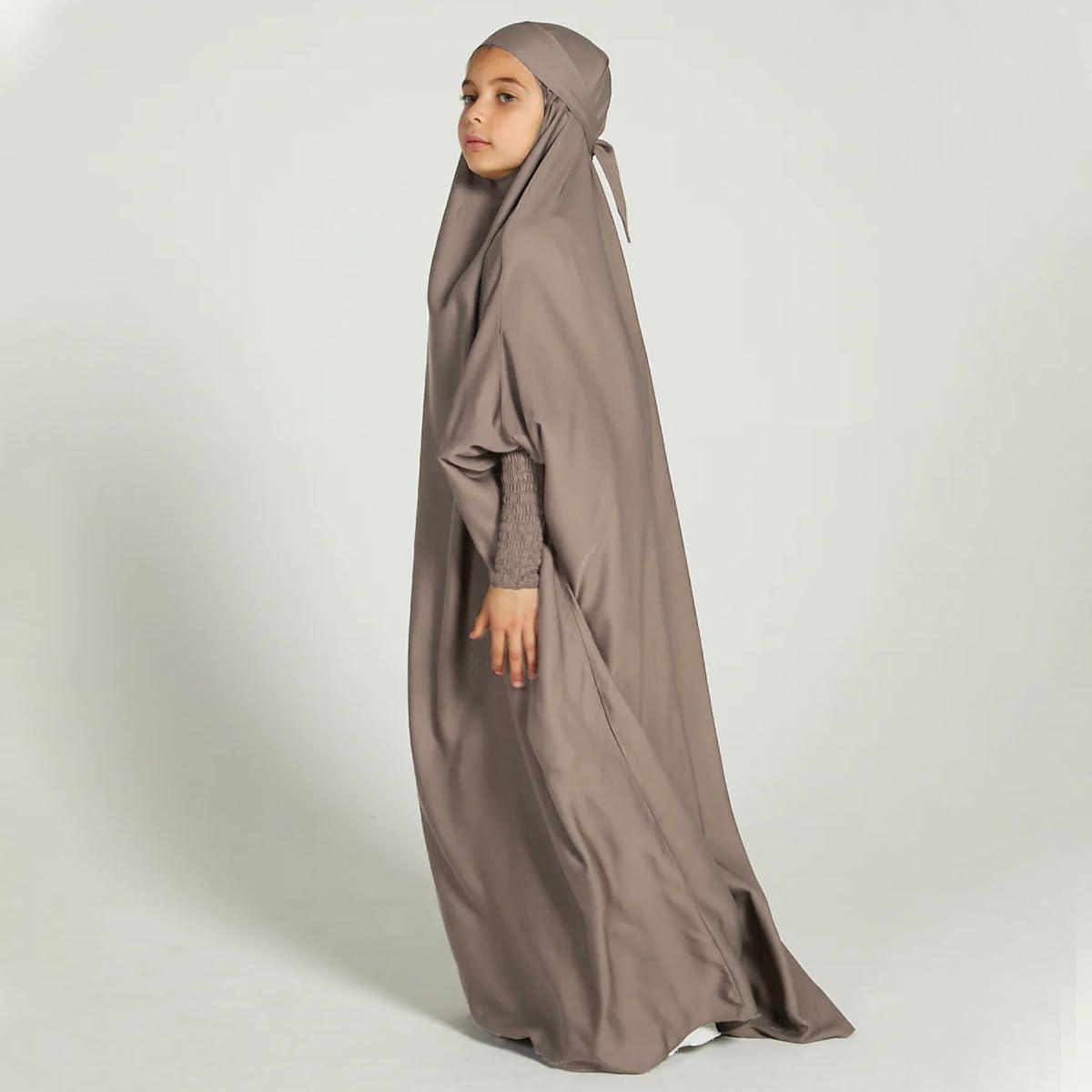 imageIDOPIP Muslim Dress for Girls One Piece Long Sleeve Islamic Prayer Dress with Hijab Casual Maxi Kaftan Abaya Gown ClothesLight Coffee