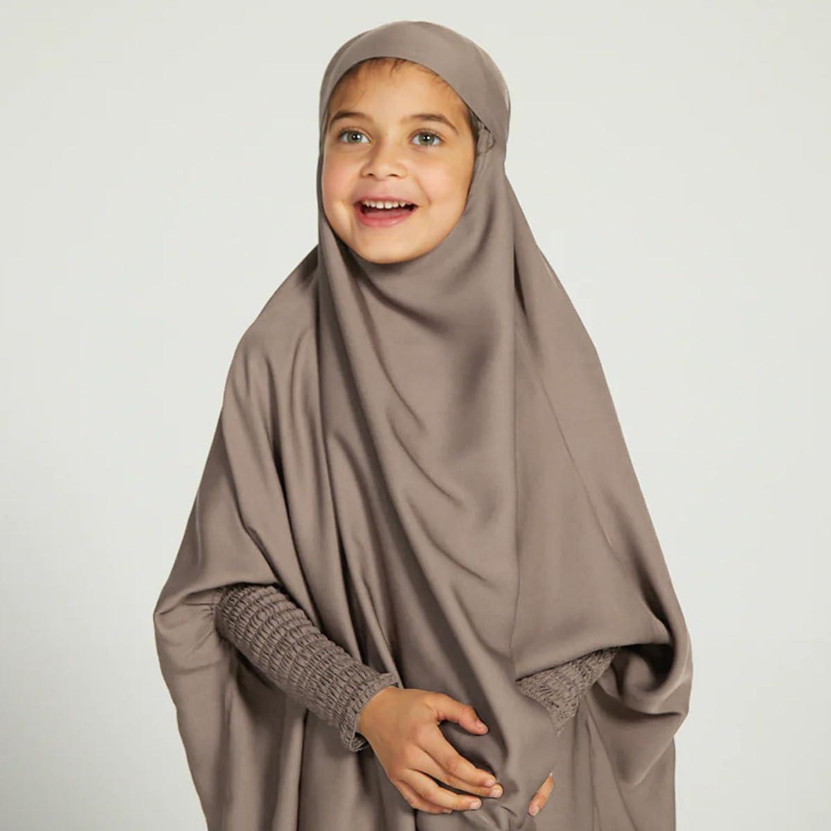 imageIDOPIP Muslim Dress for Girls One Piece Long Sleeve Islamic Prayer Dress with Hijab Casual Maxi Kaftan Abaya Gown ClothesLight Coffee
