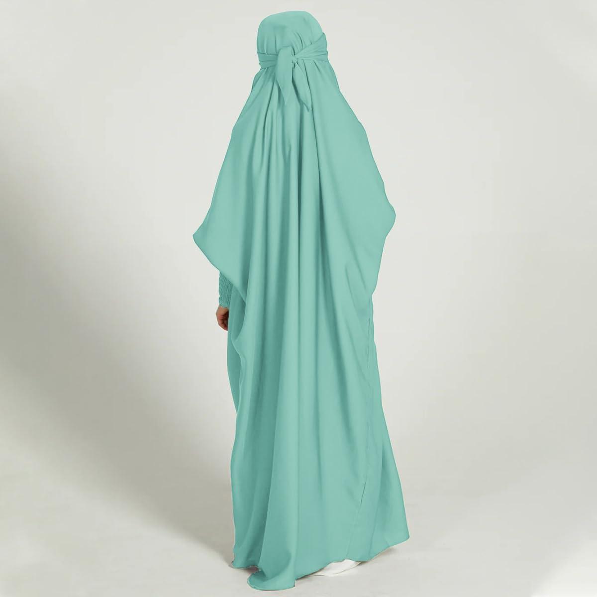imageIDOPIP Muslim Dress for Girls One Piece Long Sleeve Islamic Prayer Dress with Hijab Casual Maxi Kaftan Abaya Gown ClothesLight Green
