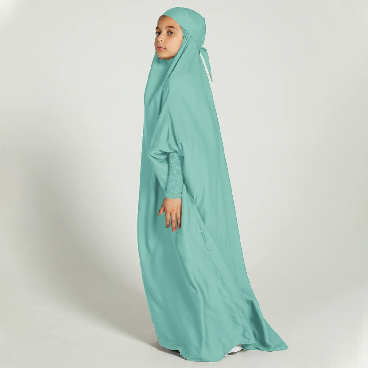 imageIDOPIP Muslim Dress for Girls One Piece Long Sleeve Islamic Prayer Dress with Hijab Casual Maxi Kaftan Abaya Gown ClothesLight Green
