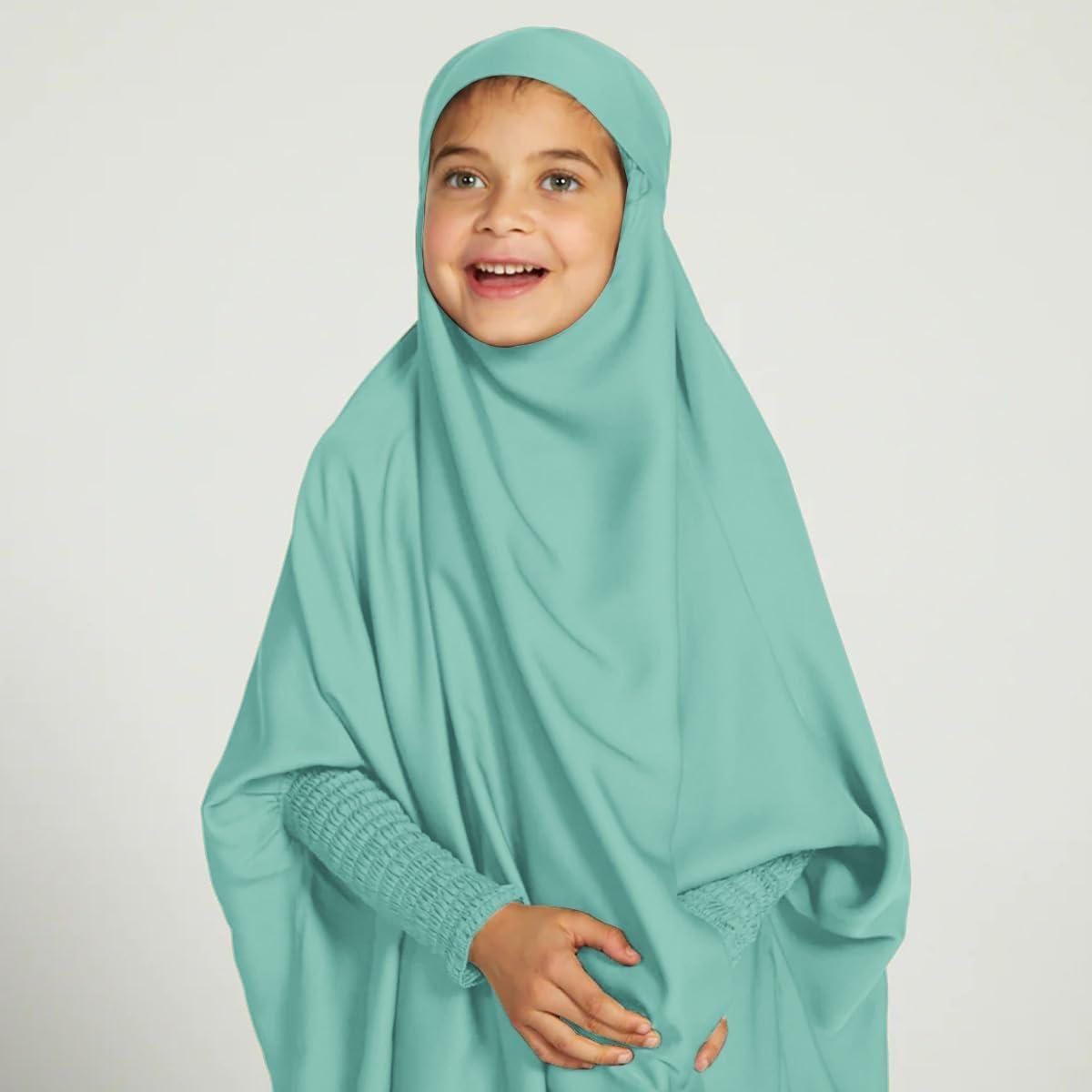 imageIDOPIP Muslim Dress for Girls One Piece Long Sleeve Islamic Prayer Dress with Hijab Casual Maxi Kaftan Abaya Gown ClothesLight Green