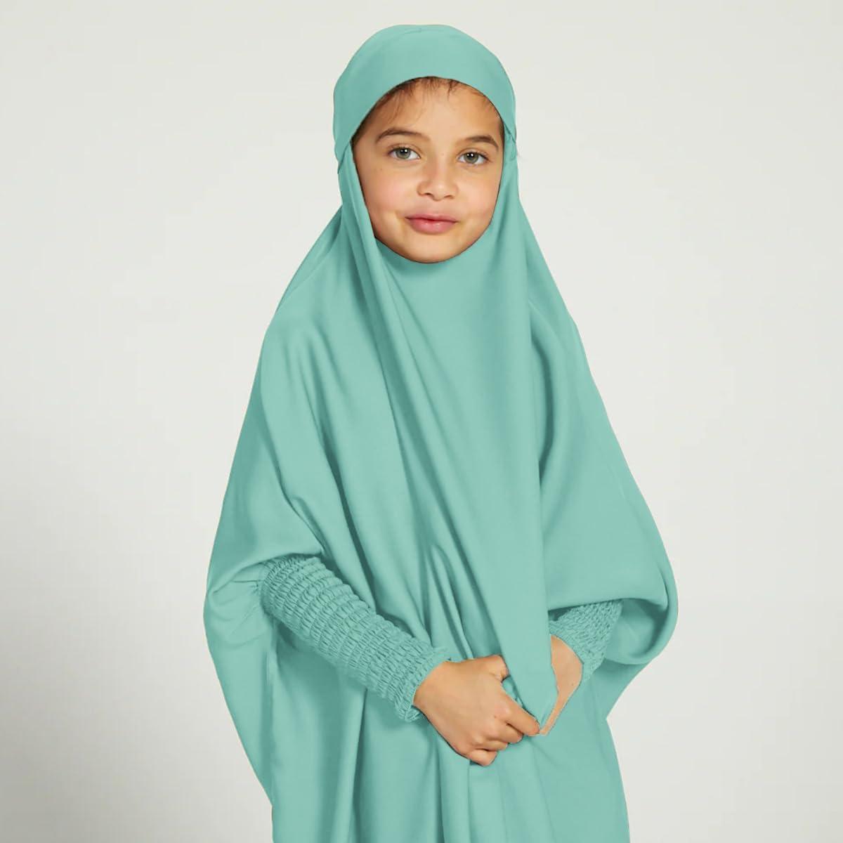 imageIDOPIP Muslim Dress for Girls One Piece Long Sleeve Islamic Prayer Dress with Hijab Casual Maxi Kaftan Abaya Gown ClothesLight Green