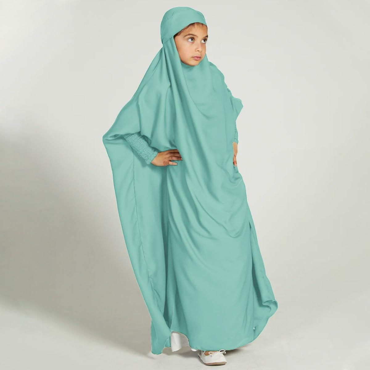 imageIDOPIP Muslim Dress for Girls One Piece Long Sleeve Islamic Prayer Dress with Hijab Casual Maxi Kaftan Abaya Gown ClothesLight Green