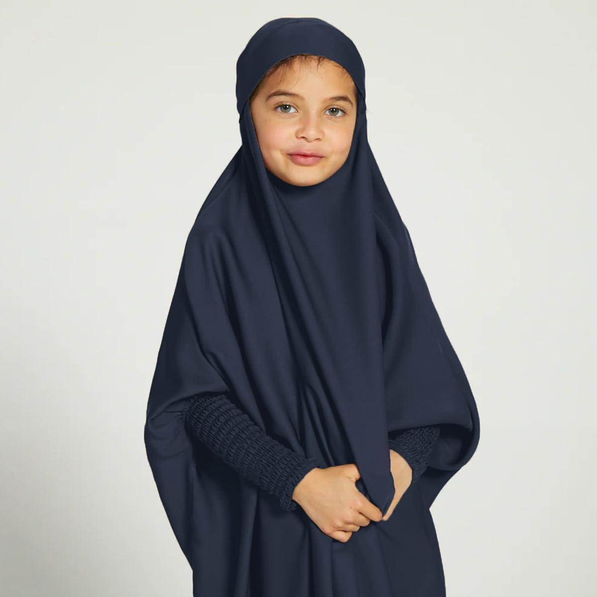imageIDOPIP Muslim Dress for Girls One Piece Long Sleeve Islamic Prayer Dress with Hijab Casual Maxi Kaftan Abaya Gown ClothesNavy Blue