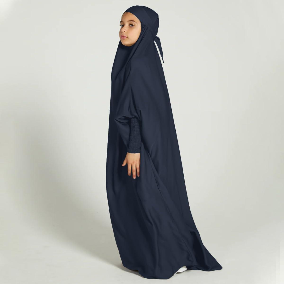imageIDOPIP Muslim Dress for Girls One Piece Long Sleeve Islamic Prayer Dress with Hijab Casual Maxi Kaftan Abaya Gown ClothesNavy Blue