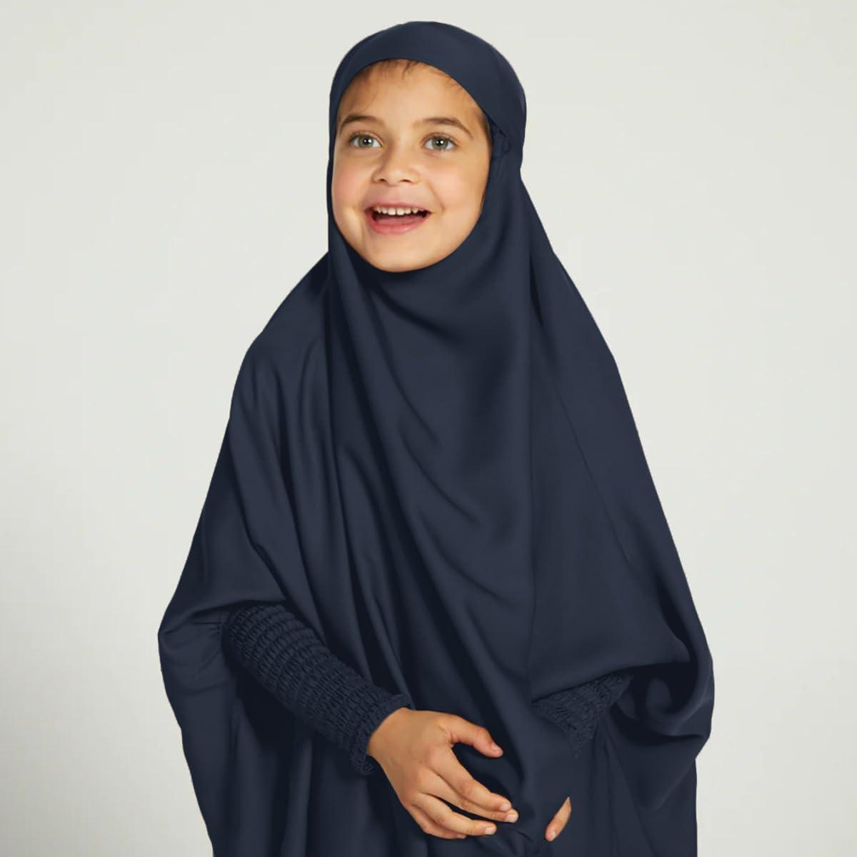 imageIDOPIP Muslim Dress for Girls One Piece Long Sleeve Islamic Prayer Dress with Hijab Casual Maxi Kaftan Abaya Gown ClothesNavy Blue