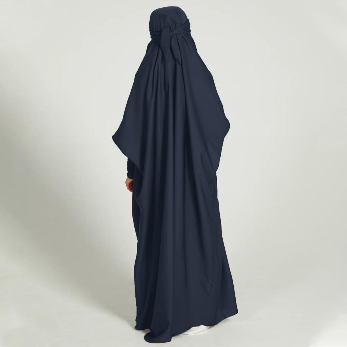 imageIDOPIP Muslim Dress for Girls One Piece Long Sleeve Islamic Prayer Dress with Hijab Casual Maxi Kaftan Abaya Gown ClothesNavy Blue