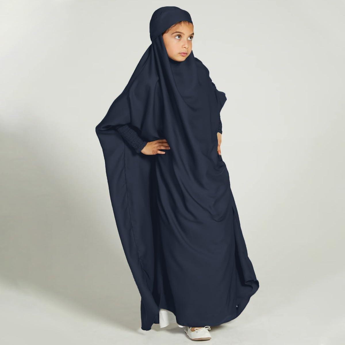 imageIDOPIP Muslim Dress for Girls One Piece Long Sleeve Islamic Prayer Dress with Hijab Casual Maxi Kaftan Abaya Gown ClothesNavy Blue