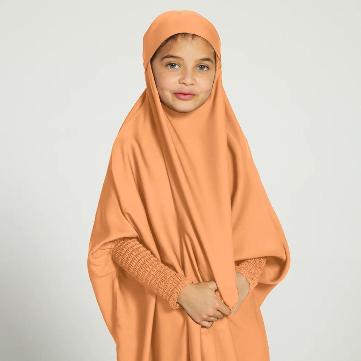 imageIDOPIP Muslim Dress for Girls One Piece Long Sleeve Islamic Prayer Dress with Hijab Casual Maxi Kaftan Abaya Gown ClothesOrange