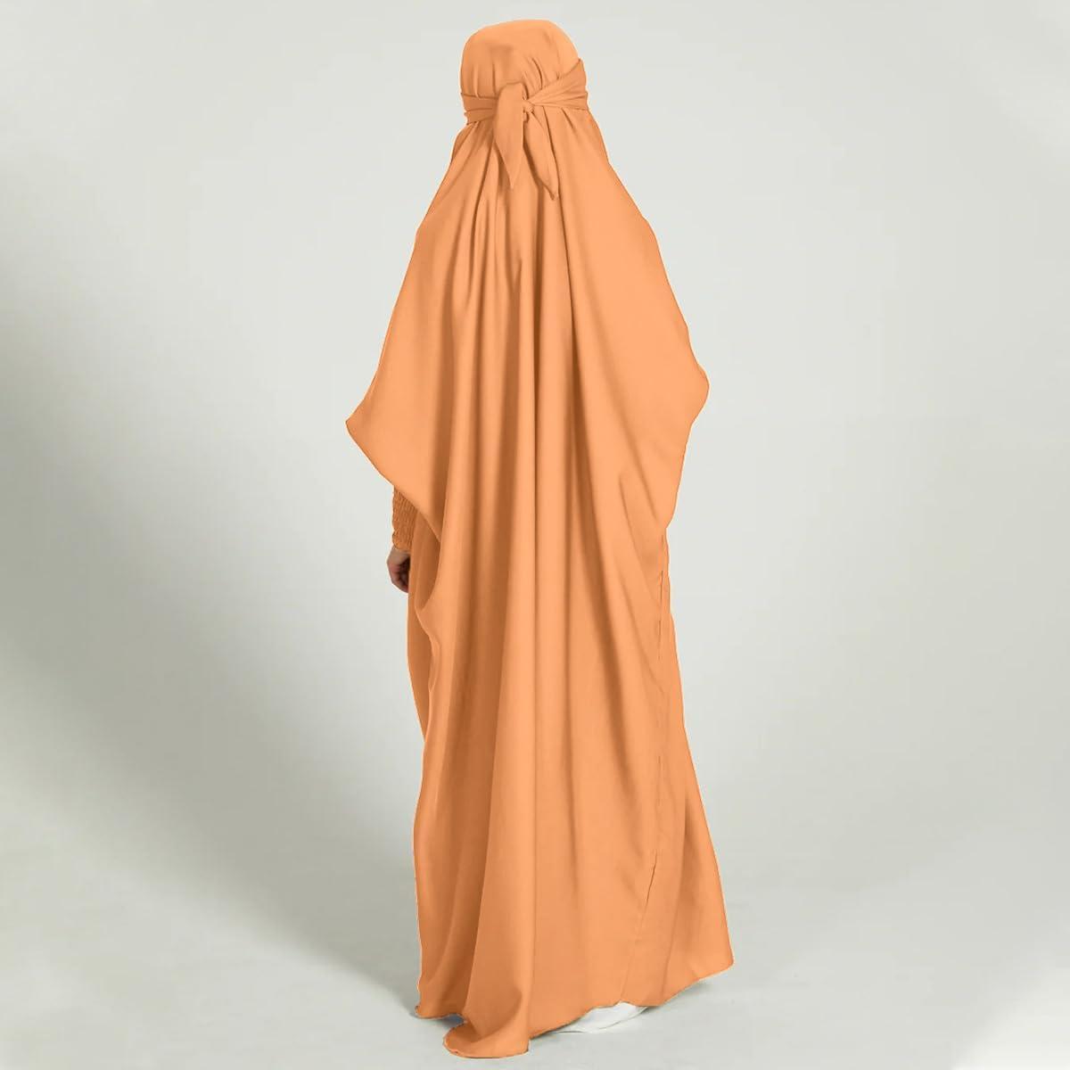 imageIDOPIP Muslim Dress for Girls One Piece Long Sleeve Islamic Prayer Dress with Hijab Casual Maxi Kaftan Abaya Gown ClothesOrange