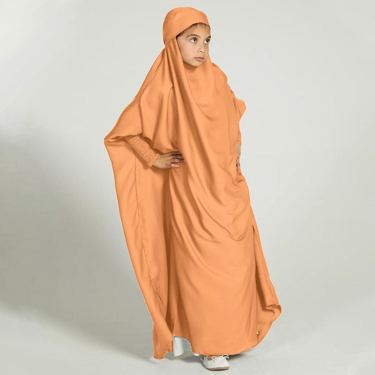 imageIDOPIP Muslim Dress for Girls One Piece Long Sleeve Islamic Prayer Dress with Hijab Casual Maxi Kaftan Abaya Gown ClothesOrange