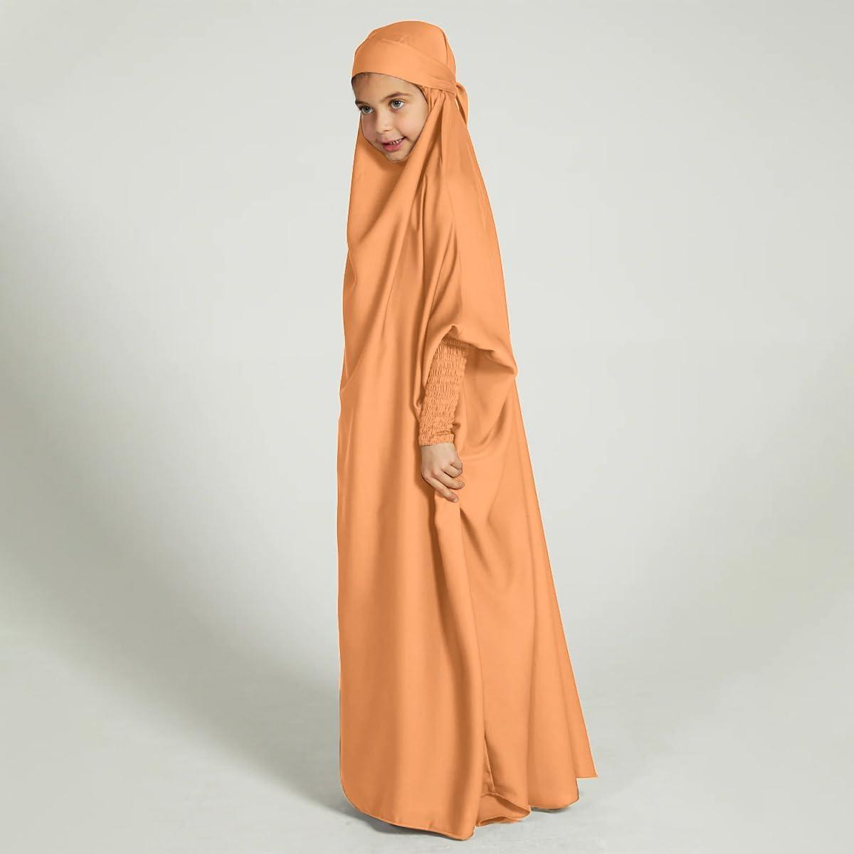 imageIDOPIP Muslim Dress for Girls One Piece Long Sleeve Islamic Prayer Dress with Hijab Casual Maxi Kaftan Abaya Gown ClothesOrange