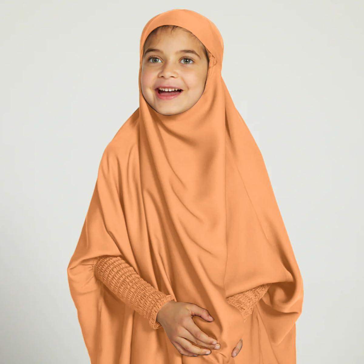 imageIDOPIP Muslim Dress for Girls One Piece Long Sleeve Islamic Prayer Dress with Hijab Casual Maxi Kaftan Abaya Gown ClothesOrange