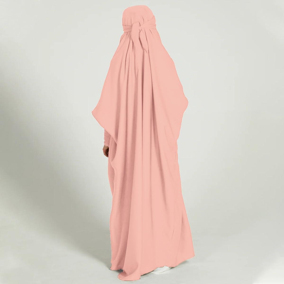 imageIDOPIP Muslim Dress for Girls One Piece Long Sleeve Islamic Prayer Dress with Hijab Casual Maxi Kaftan Abaya Gown ClothesPink