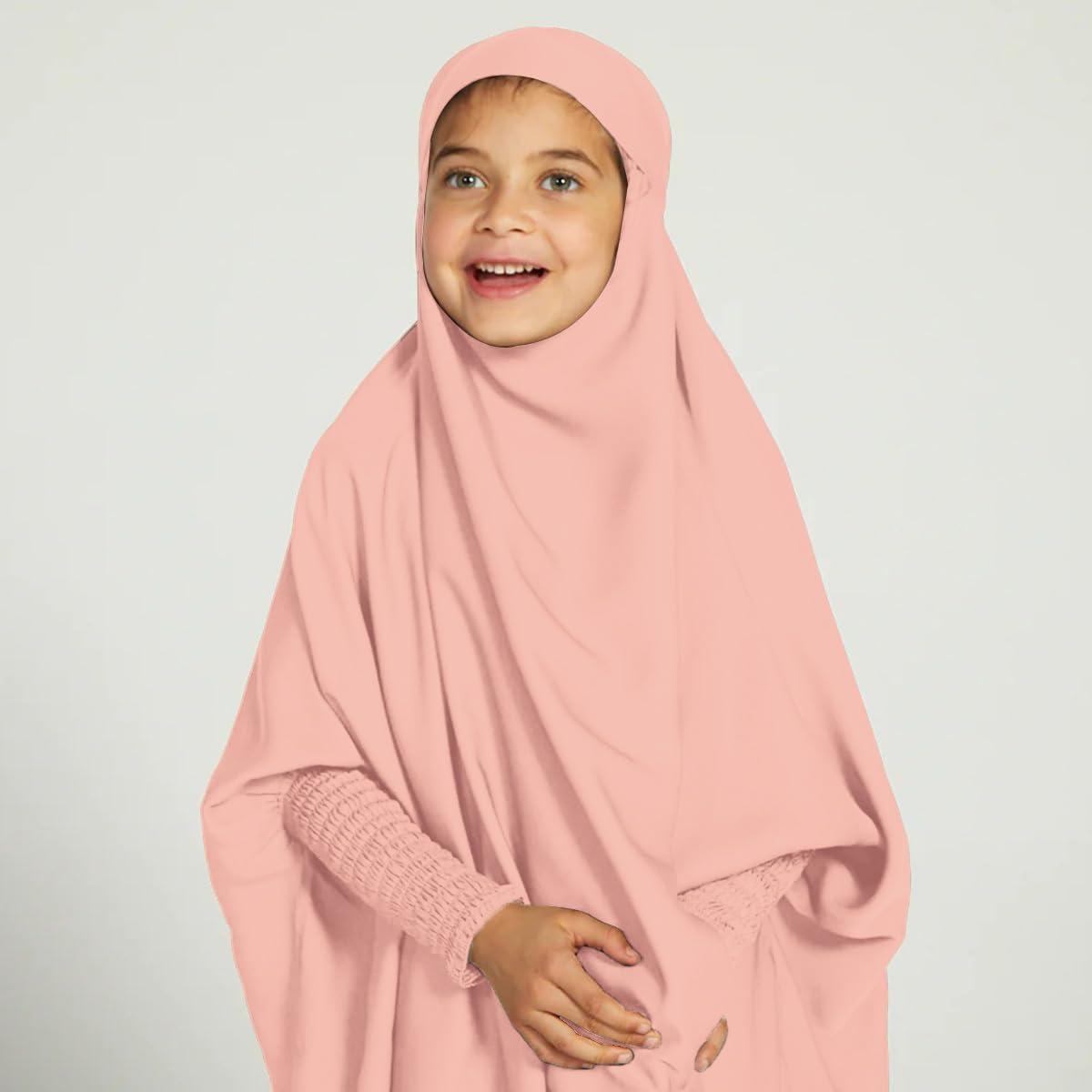 imageIDOPIP Muslim Dress for Girls One Piece Long Sleeve Islamic Prayer Dress with Hijab Casual Maxi Kaftan Abaya Gown ClothesPink