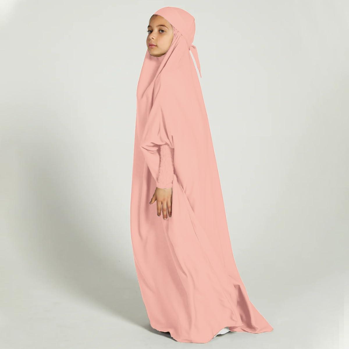 imageIDOPIP Muslim Dress for Girls One Piece Long Sleeve Islamic Prayer Dress with Hijab Casual Maxi Kaftan Abaya Gown ClothesPink