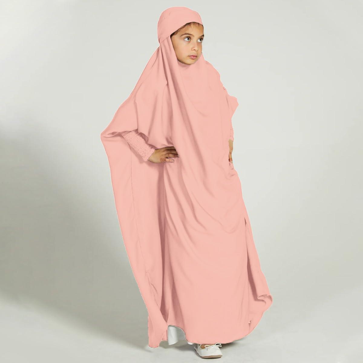 imageIDOPIP Muslim Dress for Girls One Piece Long Sleeve Islamic Prayer Dress with Hijab Casual Maxi Kaftan Abaya Gown ClothesPink