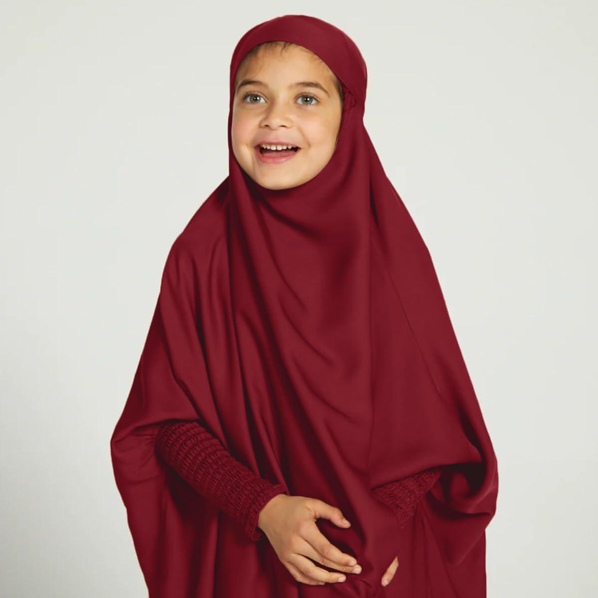 imageIDOPIP Muslim Dress for Girls One Piece Long Sleeve Islamic Prayer Dress with Hijab Casual Maxi Kaftan Abaya Gown ClothesWine Red