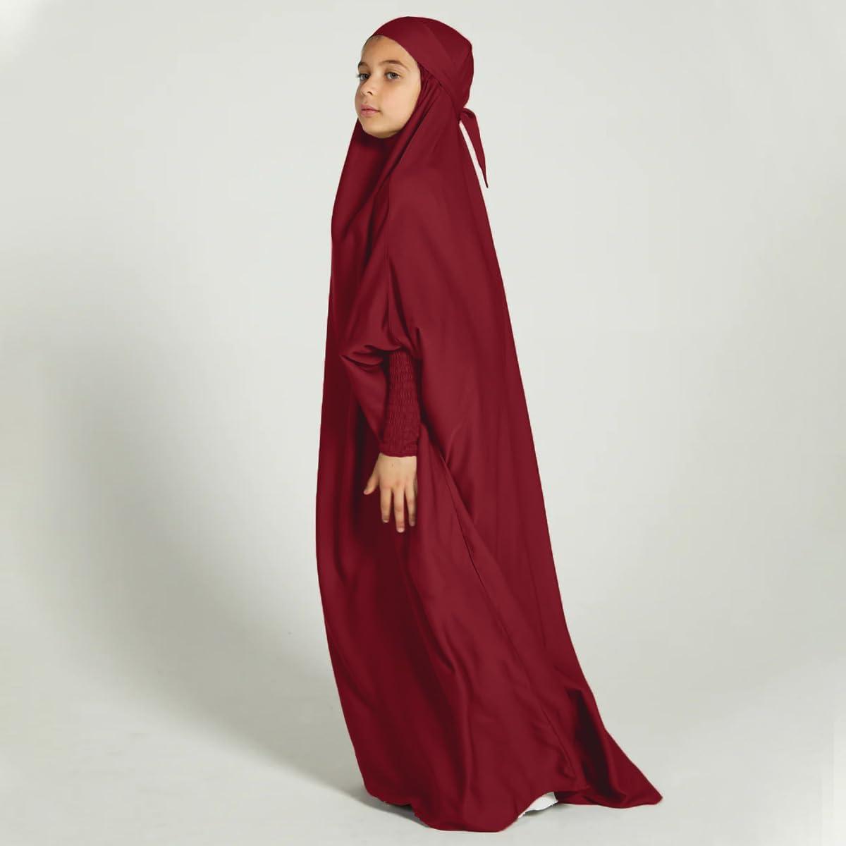 imageIDOPIP Muslim Dress for Girls One Piece Long Sleeve Islamic Prayer Dress with Hijab Casual Maxi Kaftan Abaya Gown ClothesWine Red