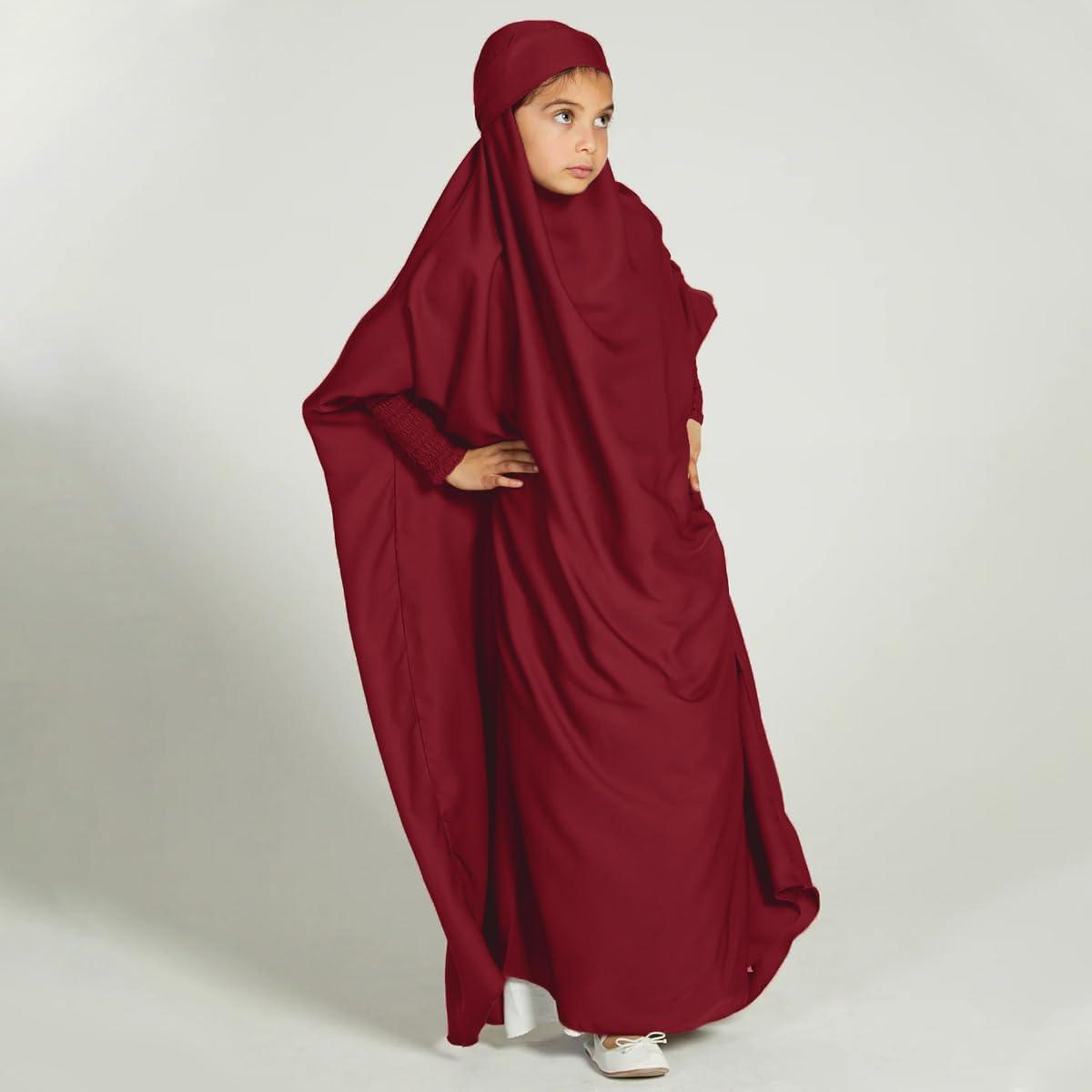 imageIDOPIP Muslim Dress for Girls One Piece Long Sleeve Islamic Prayer Dress with Hijab Casual Maxi Kaftan Abaya Gown ClothesWine Red