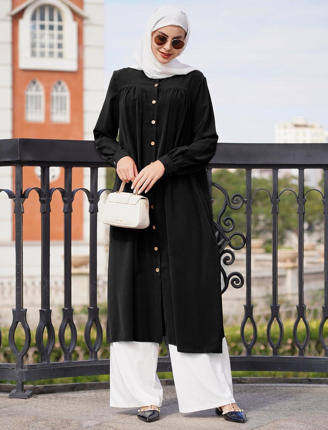 imageIDOPIP Muslim Long Dress for Women Long Sleeve Maxi Button Shirt Abayas Casual Kaftan Dubai Oversize Robe Islamic Clothing