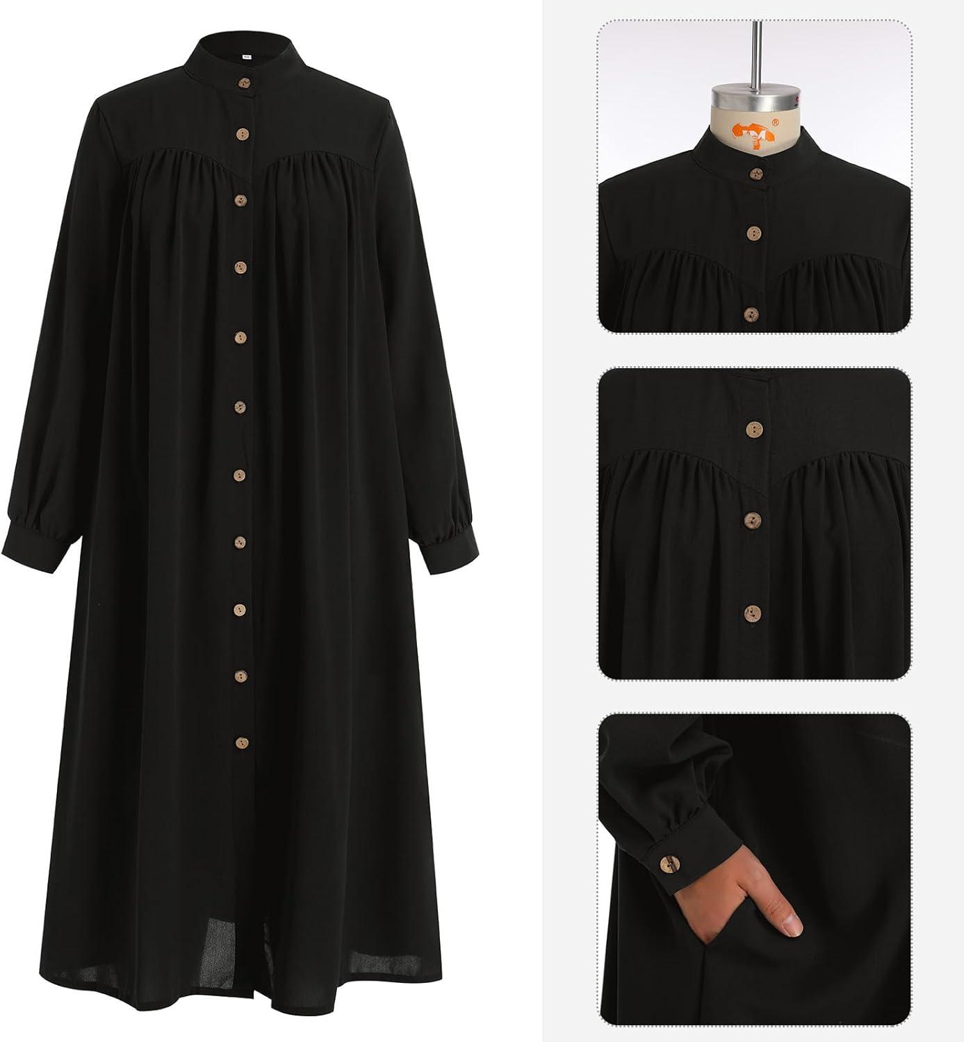imageIDOPIP Muslim Long Dress for Women Long Sleeve Maxi Button Shirt Abayas Casual Kaftan Dubai Oversize Robe Islamic Clothing