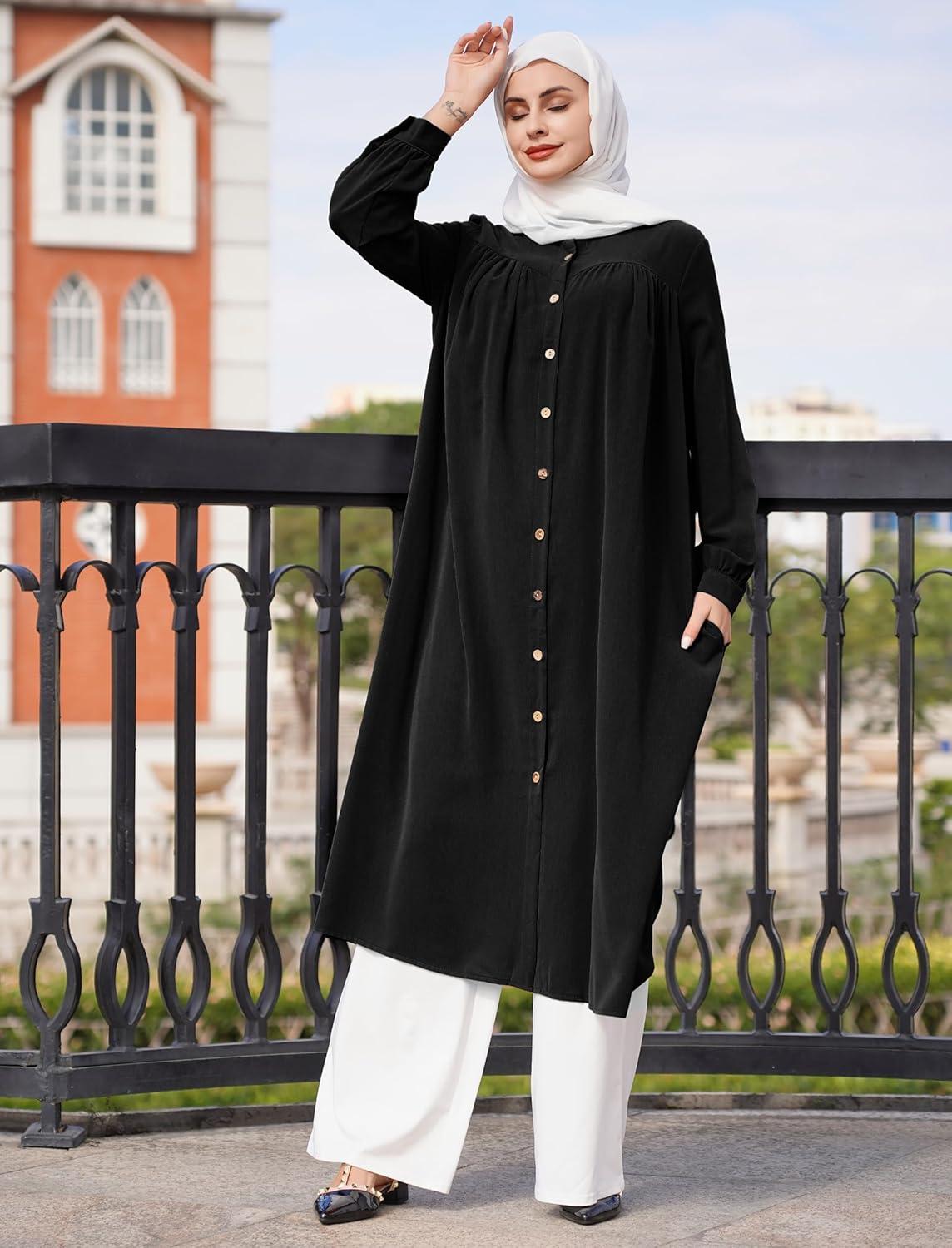 imageIDOPIP Muslim Long Dress for Women Long Sleeve Maxi Button Shirt Abayas Casual Kaftan Dubai Oversize Robe Islamic Clothing