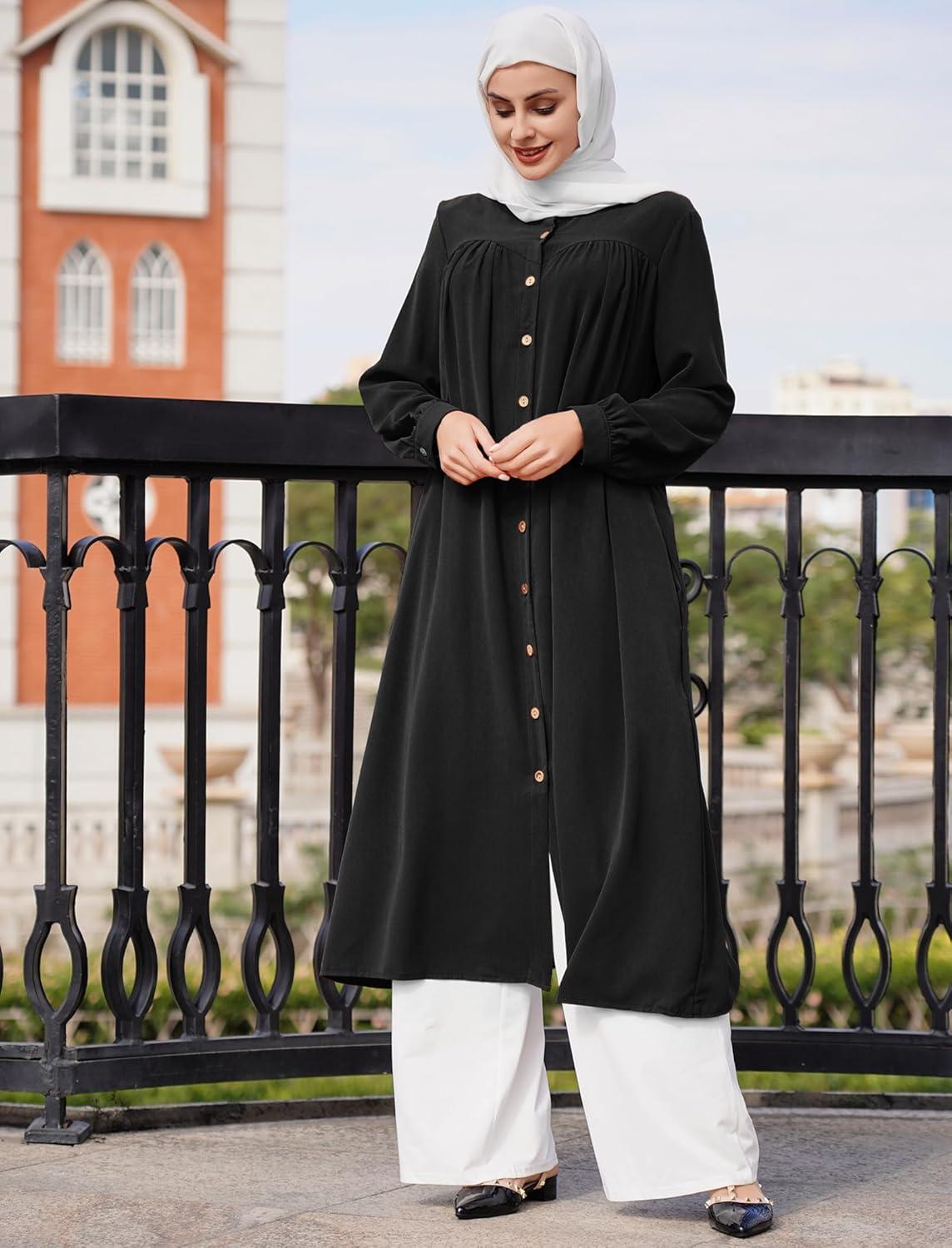 imageIDOPIP Muslim Long Dress for Women Long Sleeve Maxi Button Shirt Abayas Casual Kaftan Dubai Oversize Robe Islamic Clothing