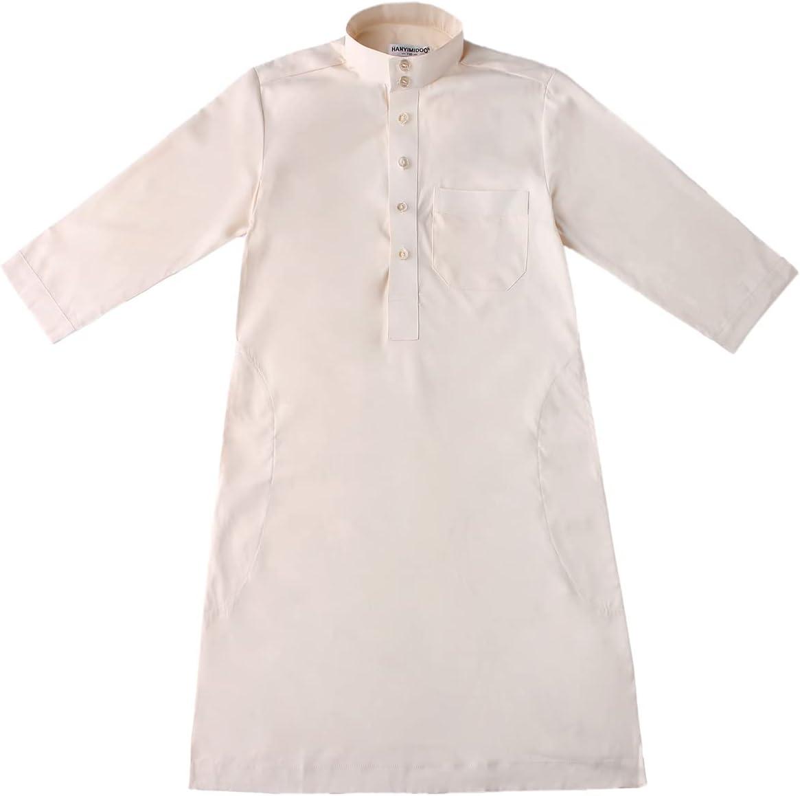 imageIDOPIP Muslim Thobe for Boys Kids Long Sleeve Islamic Arabic Kaftan Robe Middle East Dubai Prayer Dress Clothes with PocketsBeige