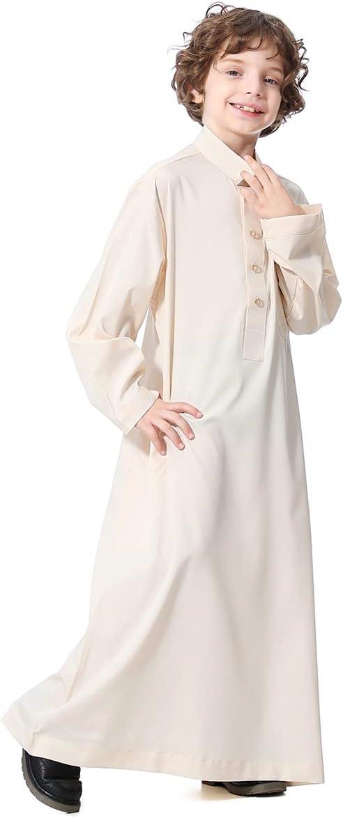 imageIDOPIP Muslim Thobe for Boys Kids Long Sleeve Islamic Arabic Kaftan Robe Middle East Dubai Prayer Dress Clothes with PocketsBeige