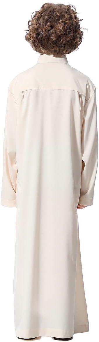 imageIDOPIP Muslim Thobe for Boys Kids Long Sleeve Islamic Arabic Kaftan Robe Middle East Dubai Prayer Dress Clothes with PocketsBeige