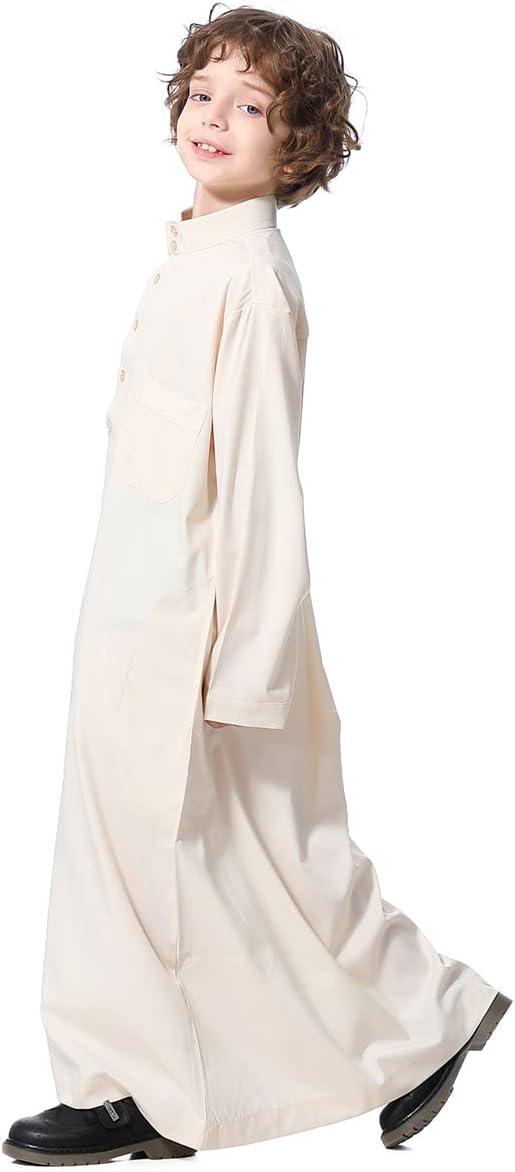 imageIDOPIP Muslim Thobe for Boys Kids Long Sleeve Islamic Arabic Kaftan Robe Middle East Dubai Prayer Dress Clothes with PocketsBeige