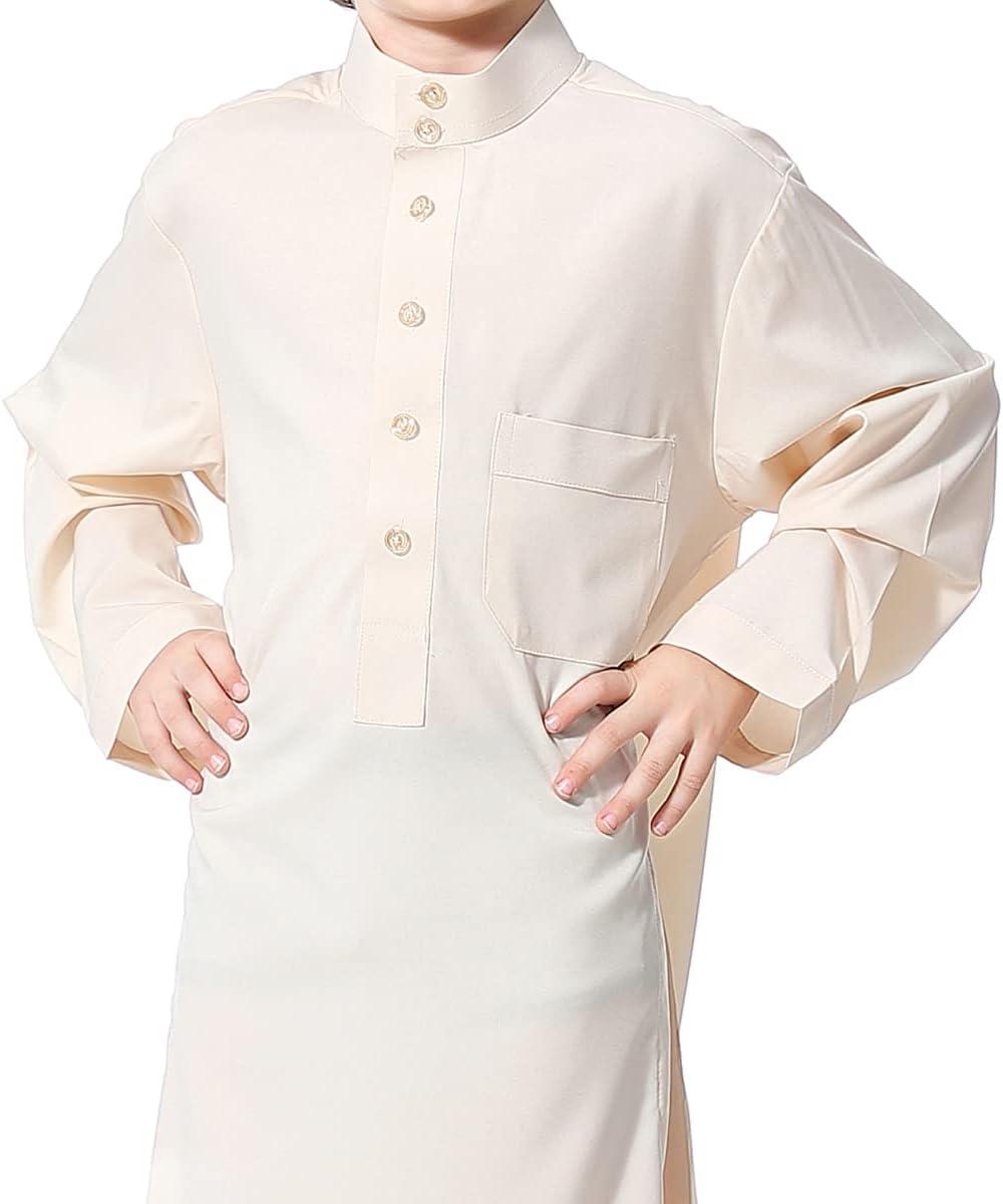 imageIDOPIP Muslim Thobe for Boys Kids Long Sleeve Islamic Arabic Kaftan Robe Middle East Dubai Prayer Dress Clothes with PocketsBeige