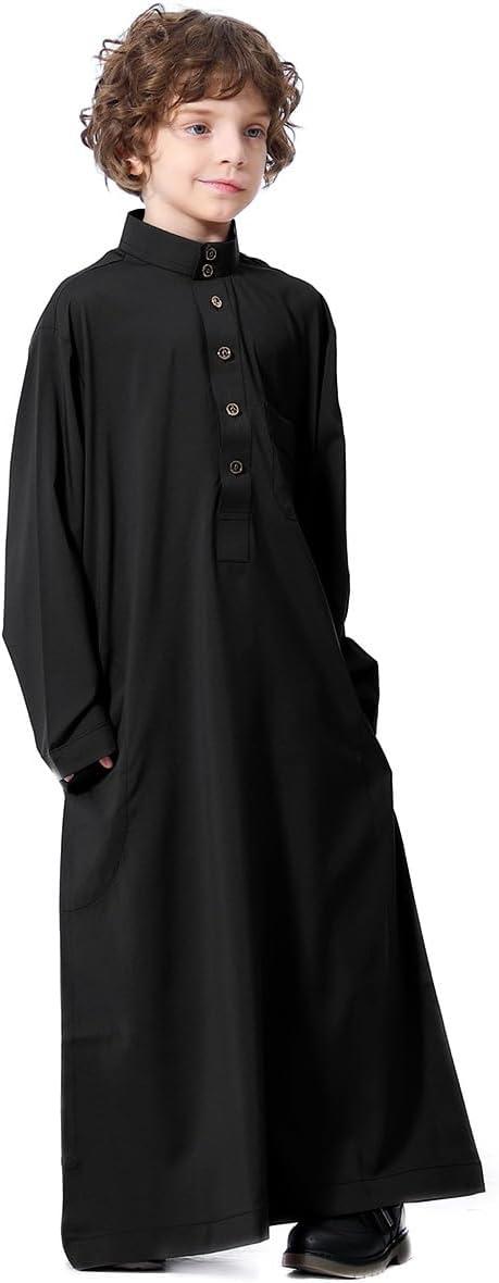 imageIDOPIP Muslim Thobe for Boys Kids Long Sleeve Islamic Arabic Kaftan Robe Middle East Dubai Prayer Dress Clothes with PocketsBlack