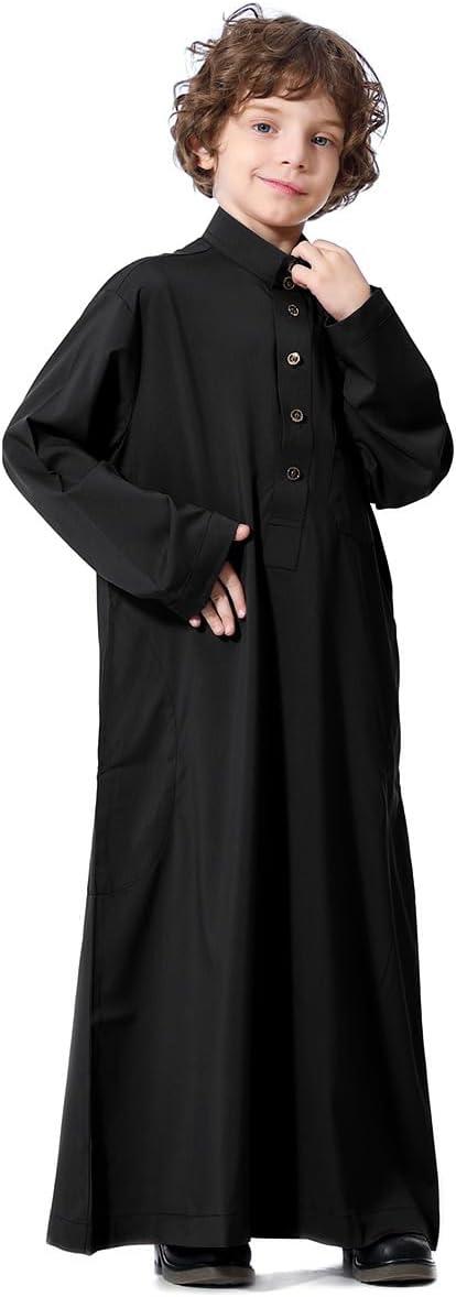 imageIDOPIP Muslim Thobe for Boys Kids Long Sleeve Islamic Arabic Kaftan Robe Middle East Dubai Prayer Dress Clothes with PocketsBlack