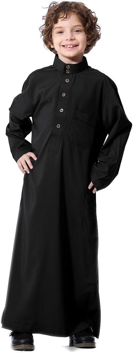 imageIDOPIP Muslim Thobe for Boys Kids Long Sleeve Islamic Arabic Kaftan Robe Middle East Dubai Prayer Dress Clothes with PocketsBlack