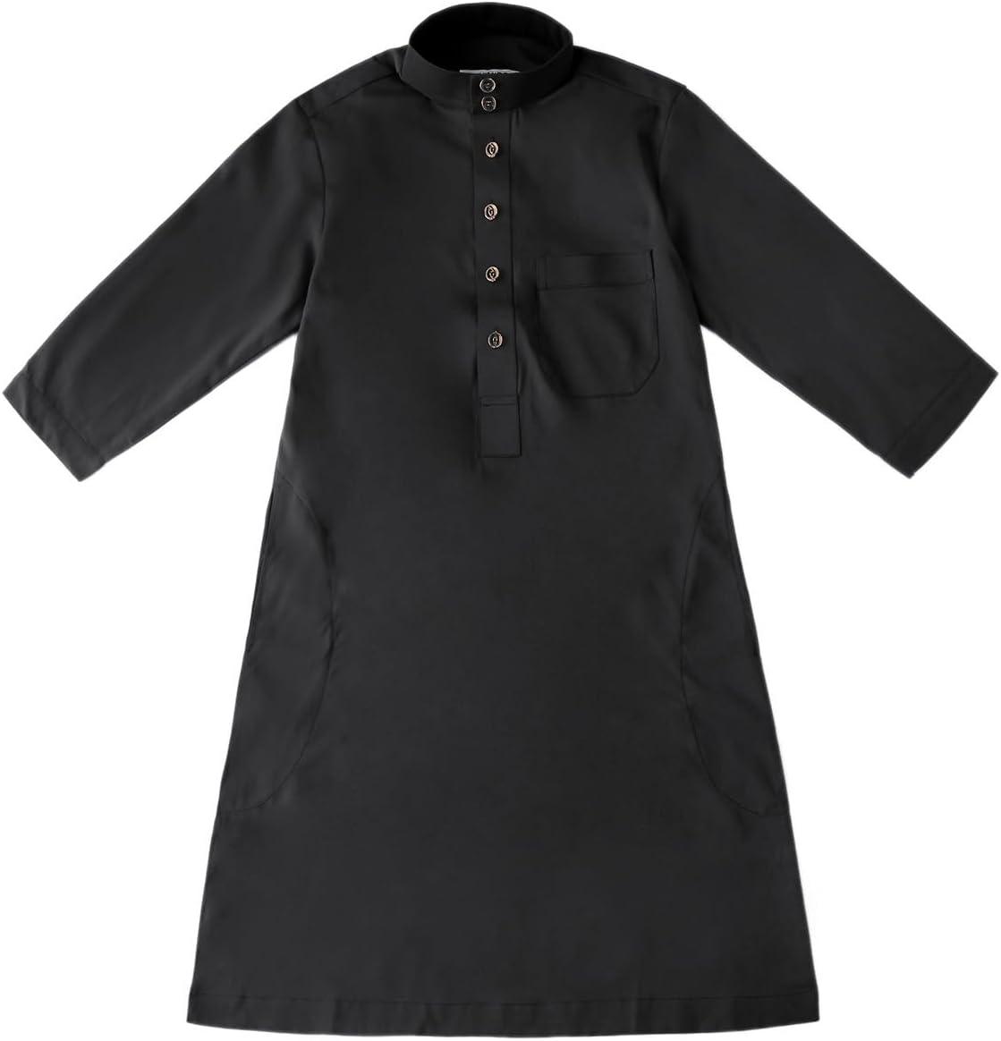 imageIDOPIP Muslim Thobe for Boys Kids Long Sleeve Islamic Arabic Kaftan Robe Middle East Dubai Prayer Dress Clothes with PocketsBlack