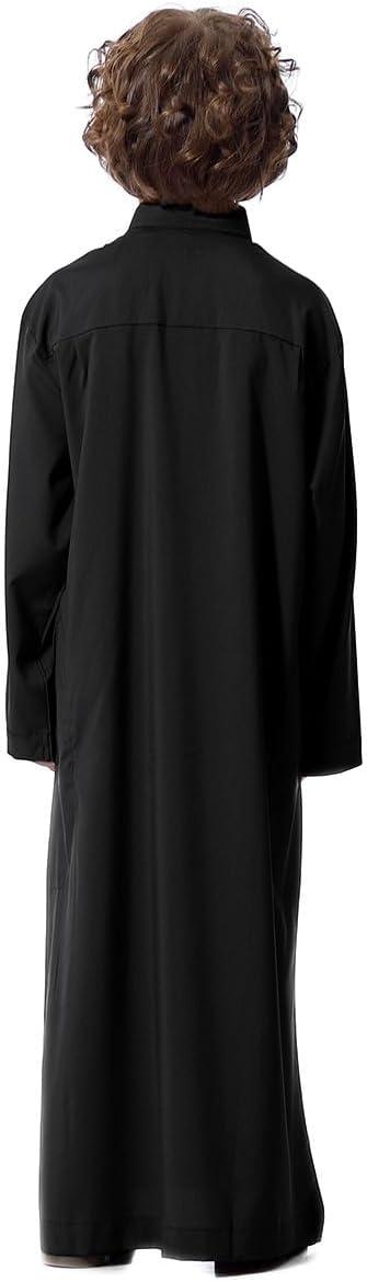 imageIDOPIP Muslim Thobe for Boys Kids Long Sleeve Islamic Arabic Kaftan Robe Middle East Dubai Prayer Dress Clothes with PocketsBlack