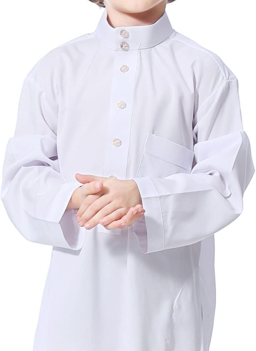 imageIDOPIP Muslim Thobe for Boys Kids Long Sleeve Islamic Arabic Kaftan Robe Middle East Dubai Prayer Dress Clothes with PocketsWhite