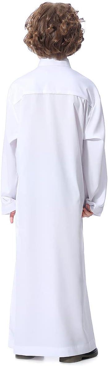 imageIDOPIP Muslim Thobe for Boys Kids Long Sleeve Islamic Arabic Kaftan Robe Middle East Dubai Prayer Dress Clothes with PocketsWhite