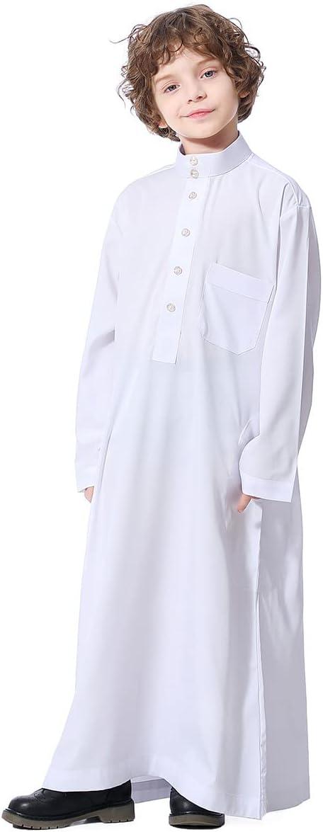 imageIDOPIP Muslim Thobe for Boys Kids Long Sleeve Islamic Arabic Kaftan Robe Middle East Dubai Prayer Dress Clothes with PocketsWhite