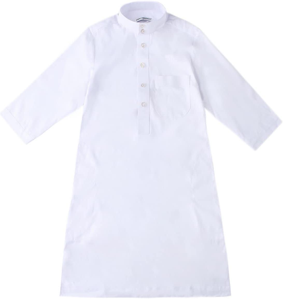 imageIDOPIP Muslim Thobe for Boys Kids Long Sleeve Islamic Arabic Kaftan Robe Middle East Dubai Prayer Dress Clothes with PocketsWhite
