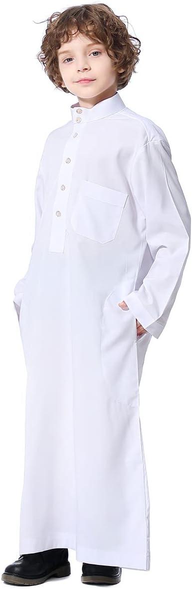 imageIDOPIP Muslim Thobe for Boys Kids Long Sleeve Islamic Arabic Kaftan Robe Middle East Dubai Prayer Dress Clothes with PocketsWhite