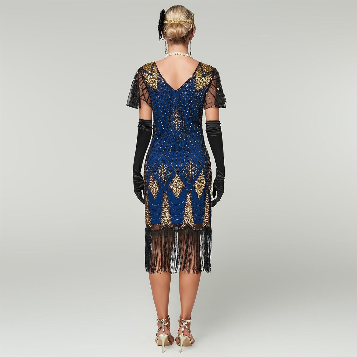 imageIDOPIP Women 1920s Flapper Gatsby Dress Vintage Sparkle Sequins Fringe Tassel Cocktail Party Dress Cosplay Halloween CostumeBlue