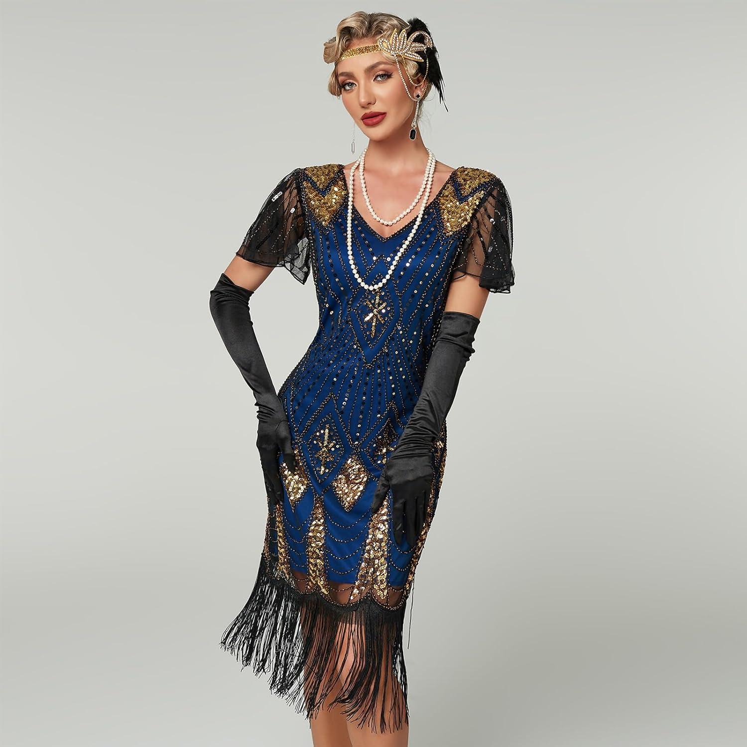 imageIDOPIP Women 1920s Flapper Gatsby Dress Vintage Sparkle Sequins Fringe Tassel Cocktail Party Dress Cosplay Halloween CostumeBlue