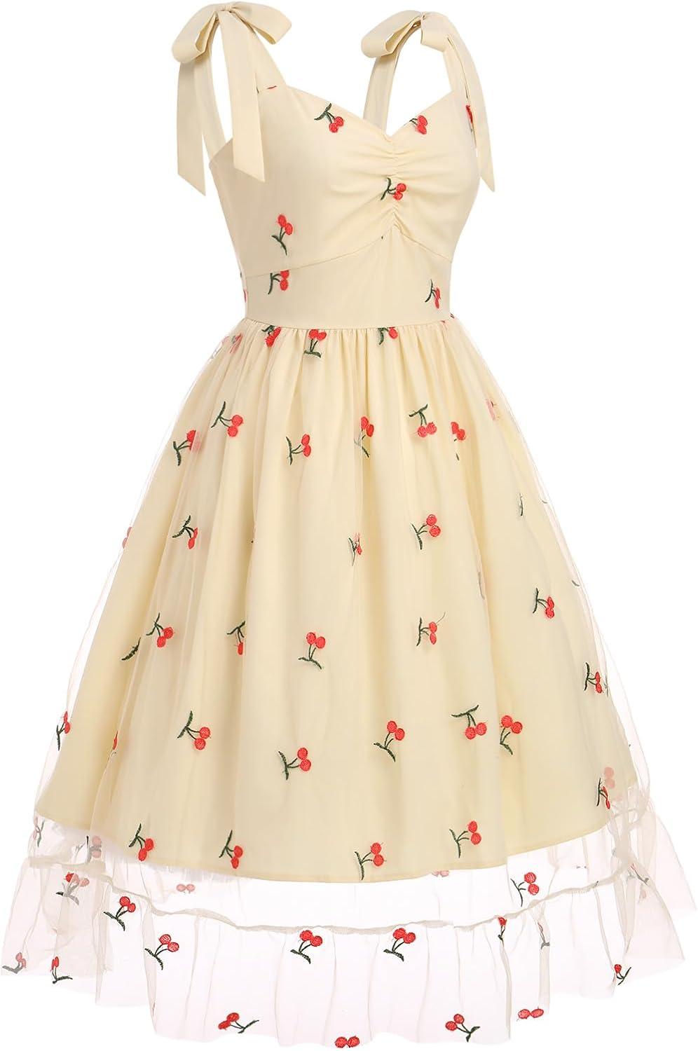 imageIDOPIP Women 1950s Vintage StrawberryCherrySequin Star Print Cocktail Mesh Dress Self Tie Straps Retro Wedding Guest DressApricotcherry Print